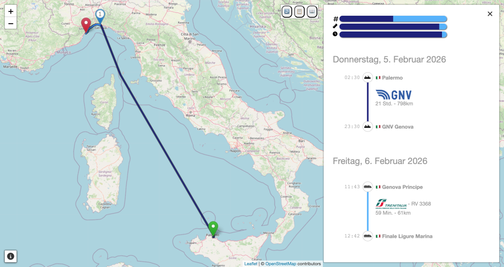 Karte mit zwei Reiserouten von Palermo nach Finale Ligure Marina, einschließlich Fährverbindungen und Zug. Die Reise beginnt am 5. Februar 2026 und zeigt Abfahrtszeiten sowie Distanzen zwischen den verschiedenen Stationen.