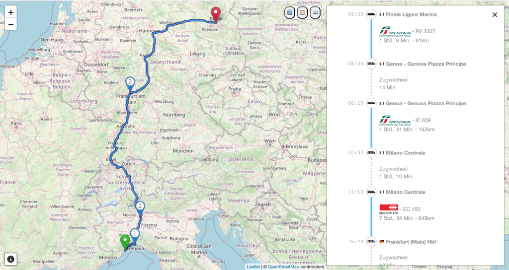 Karte mit einer Route von Finale Ligure Marina über Genua und Mailand nach Frankfurt (Main) Hbf, inklusive Zugverbindungen und Abfahrtszeiten. Die Reise besteht aus mehreren Etappen, die Zugwechsel und Reisezeiten anzeigen.