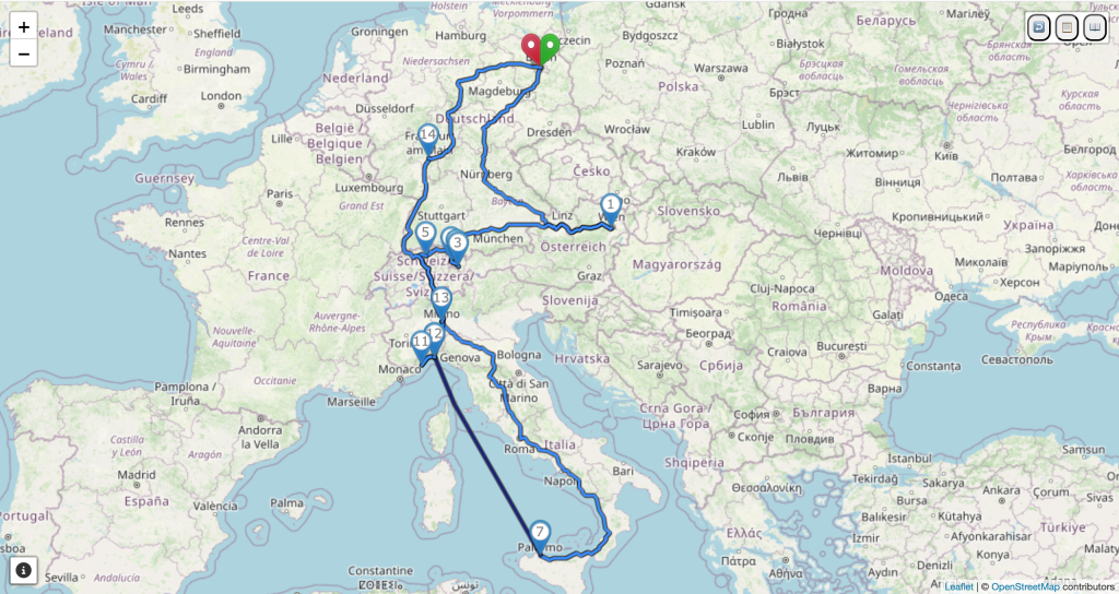 Eine Karte zeigt eine Route durch Europa, die mehrere Städte verbindet, darunter Stuttgart und Genova, mit markierten Punkten an verschiedenen Orten. Ein grüner Marker kennzeichnet einen Punkt am oberen Ende der Route, während ein roter Marker sich am unteren Ende befindet.